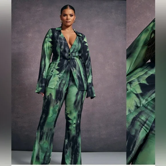 NWT PRETTY LITTLE THING Plus Green Grunge Print Chiffon Flare Pants SIZE 16 - Picture 4 of 8